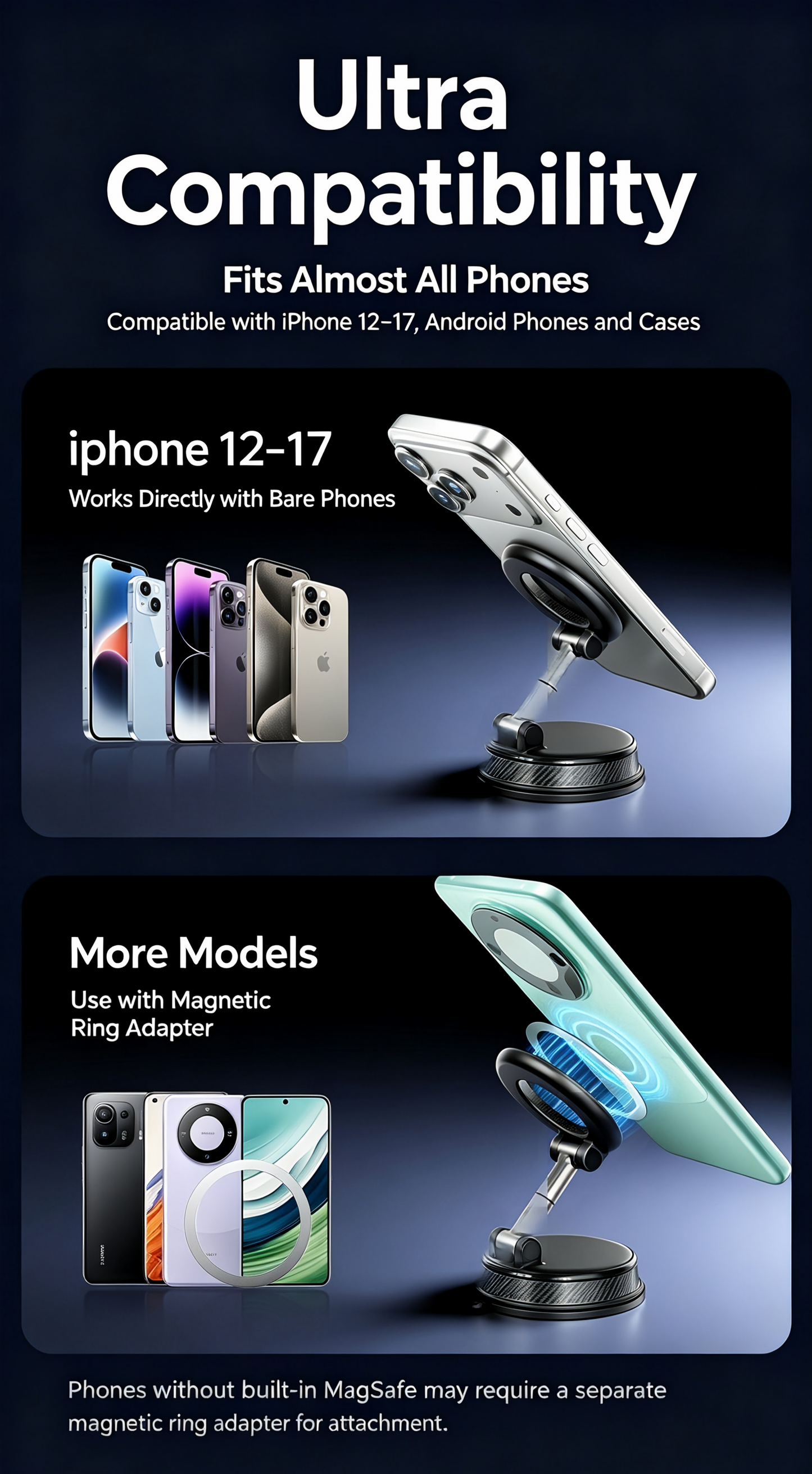 1080° Rotatable Vacuum Magnetic Car Phone Mount, 4-Axis Adjustable Foldable MagSafe Car Holder, Strong Suction Dashboard Cell Phone Stand for iPhone 12-17 & Android Phones