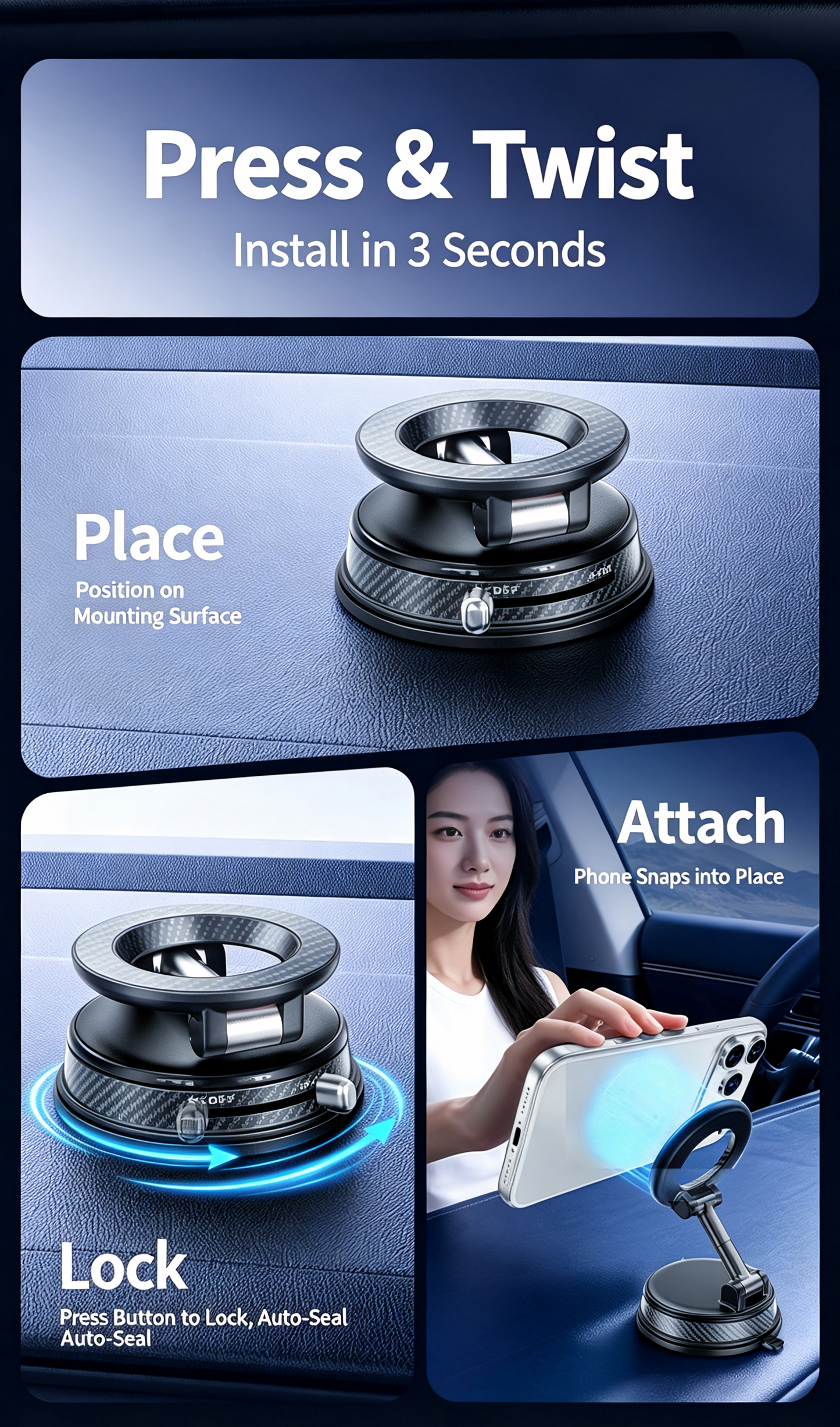 1080° Rotatable Vacuum Magnetic Car Phone Mount, 4-Axis Adjustable Foldable MagSafe Car Holder, Strong Suction Dashboard Cell Phone Stand for iPhone 12-17 & Android Phones