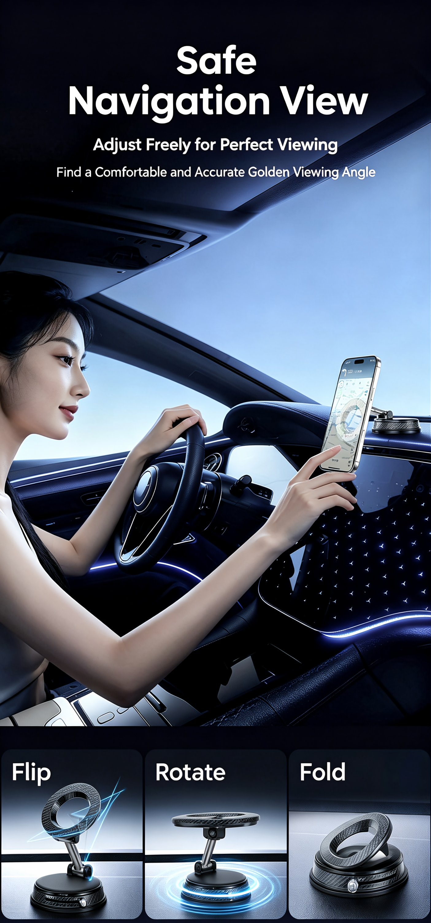 1080° Rotatable Vacuum Magnetic Car Phone Mount, 4-Axis Adjustable Foldable MagSafe Car Holder, Strong Suction Dashboard Cell Phone Stand for iPhone 12-17 & Android Phones