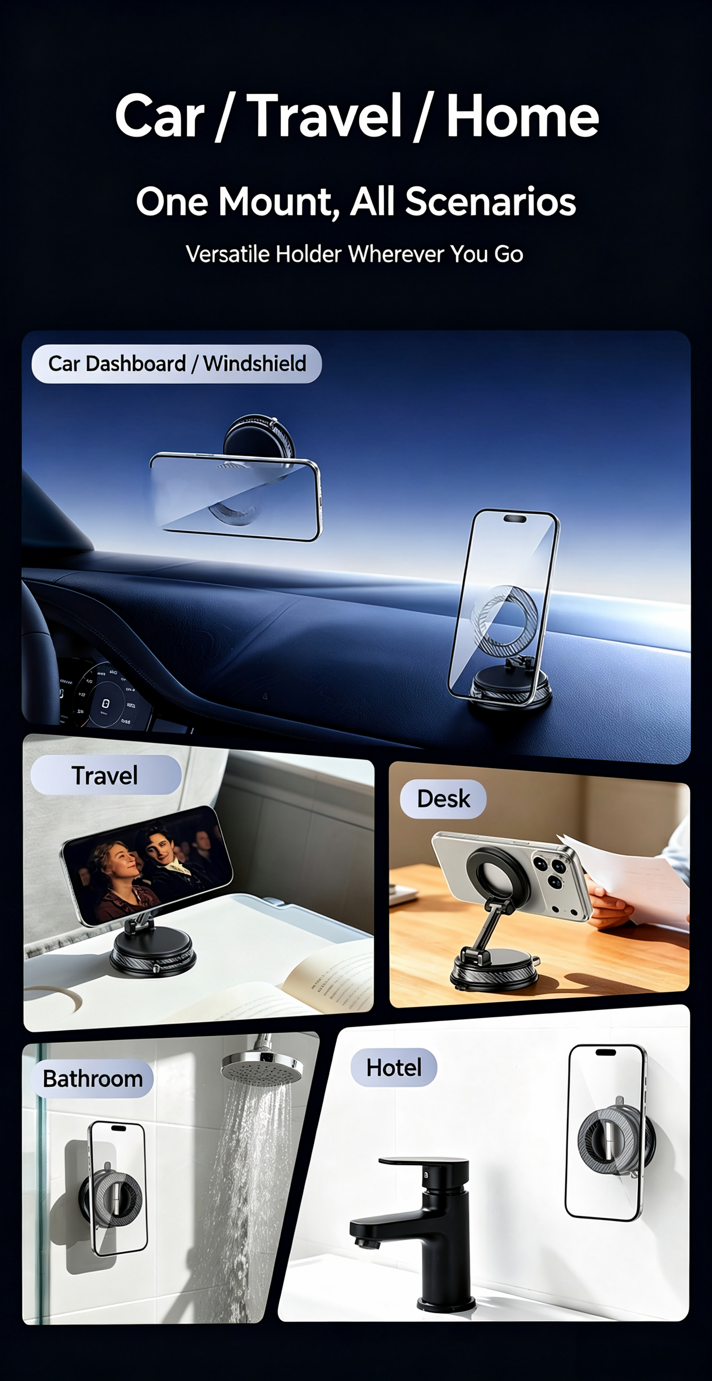 1080° Rotatable Vacuum Magnetic Car Phone Mount, 4-Axis Adjustable Foldable MagSafe Car Holder, Strong Suction Dashboard Cell Phone Stand for iPhone 12-17 & Android Phones