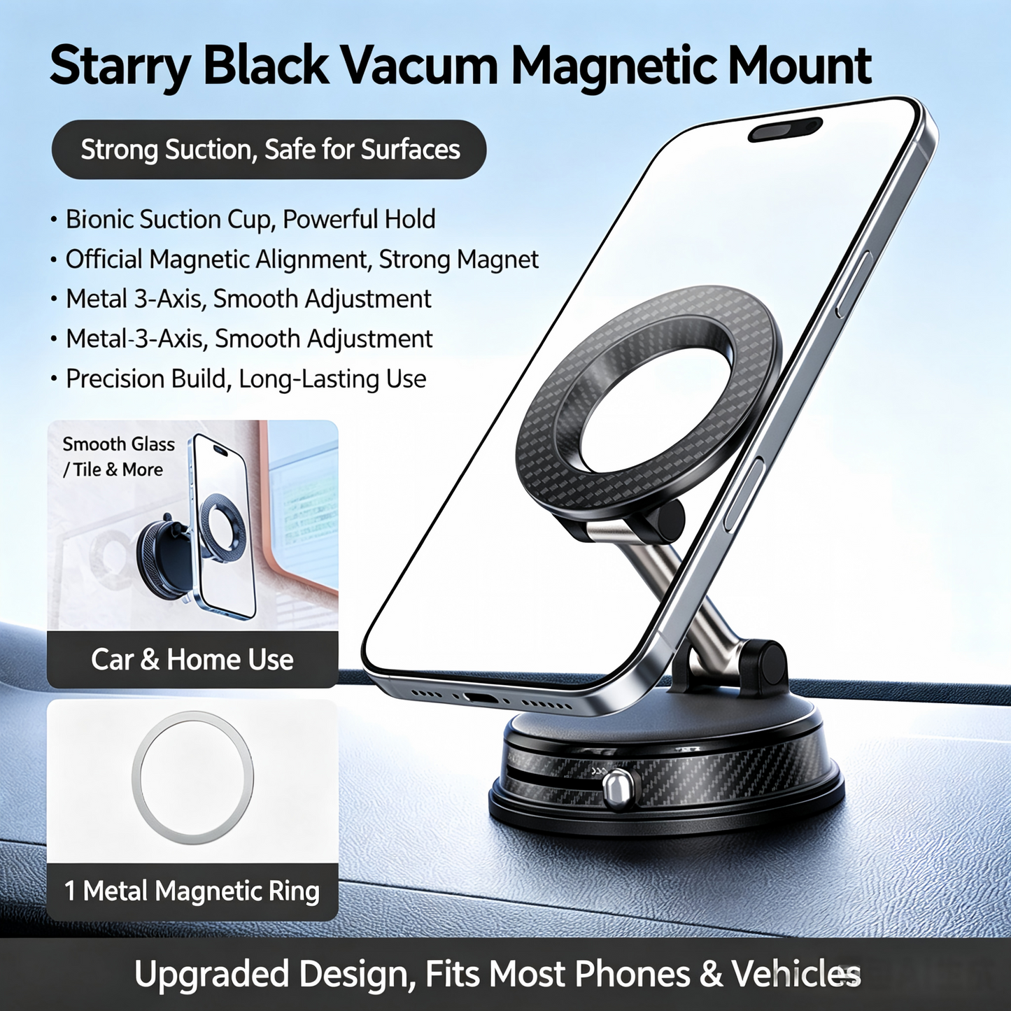 1080° Rotatable Vacuum Magnetic Car Phone Mount, 4-Axis Adjustable Foldable MagSafe Car Holder, Strong Suction Dashboard Cell Phone Stand for iPhone 12-17 & Android Phones