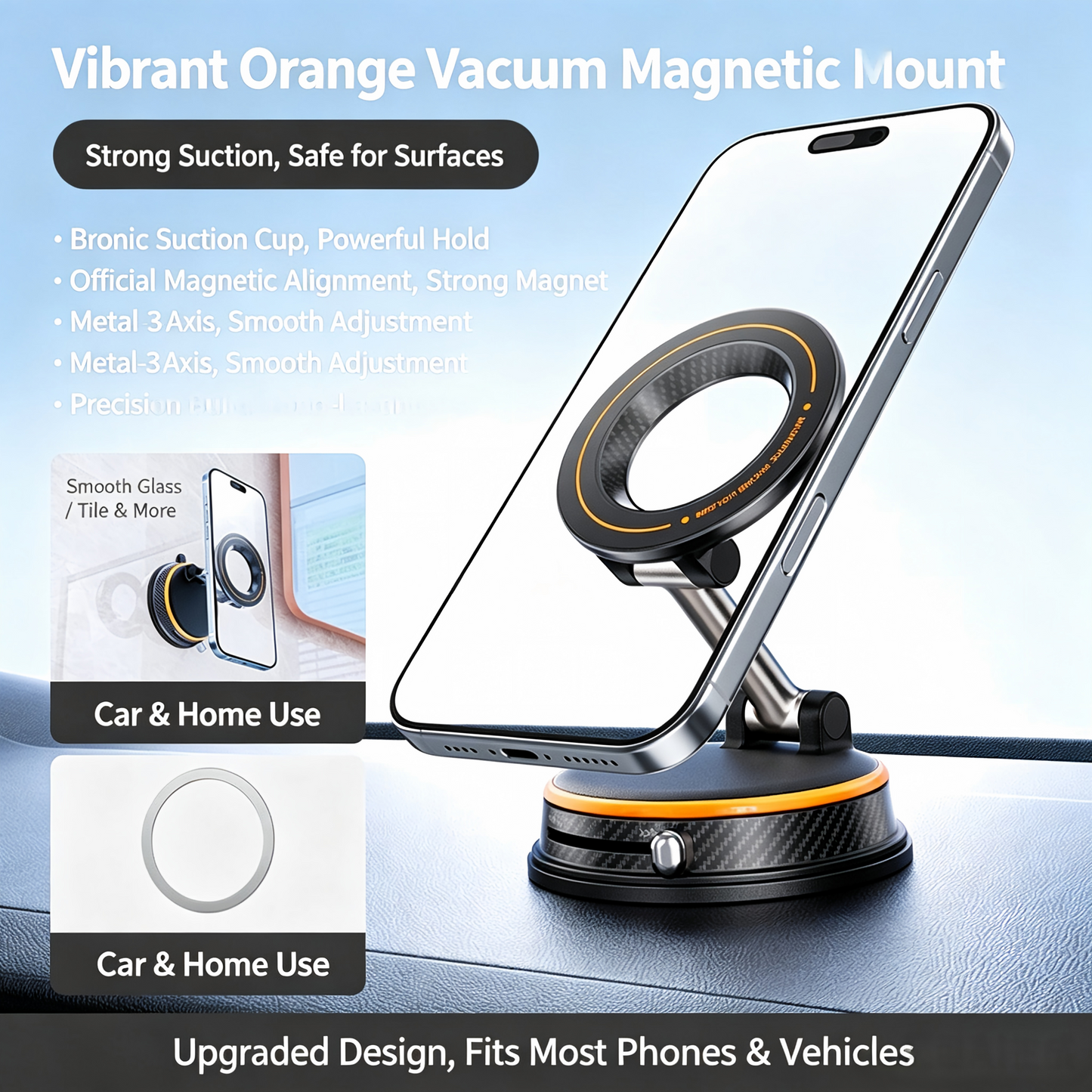 1080° Rotatable Vacuum Magnetic Car Phone Mount, 4-Axis Adjustable Foldable MagSafe Car Holder, Strong Suction Dashboard Cell Phone Stand for iPhone 12-17 & Android Phones